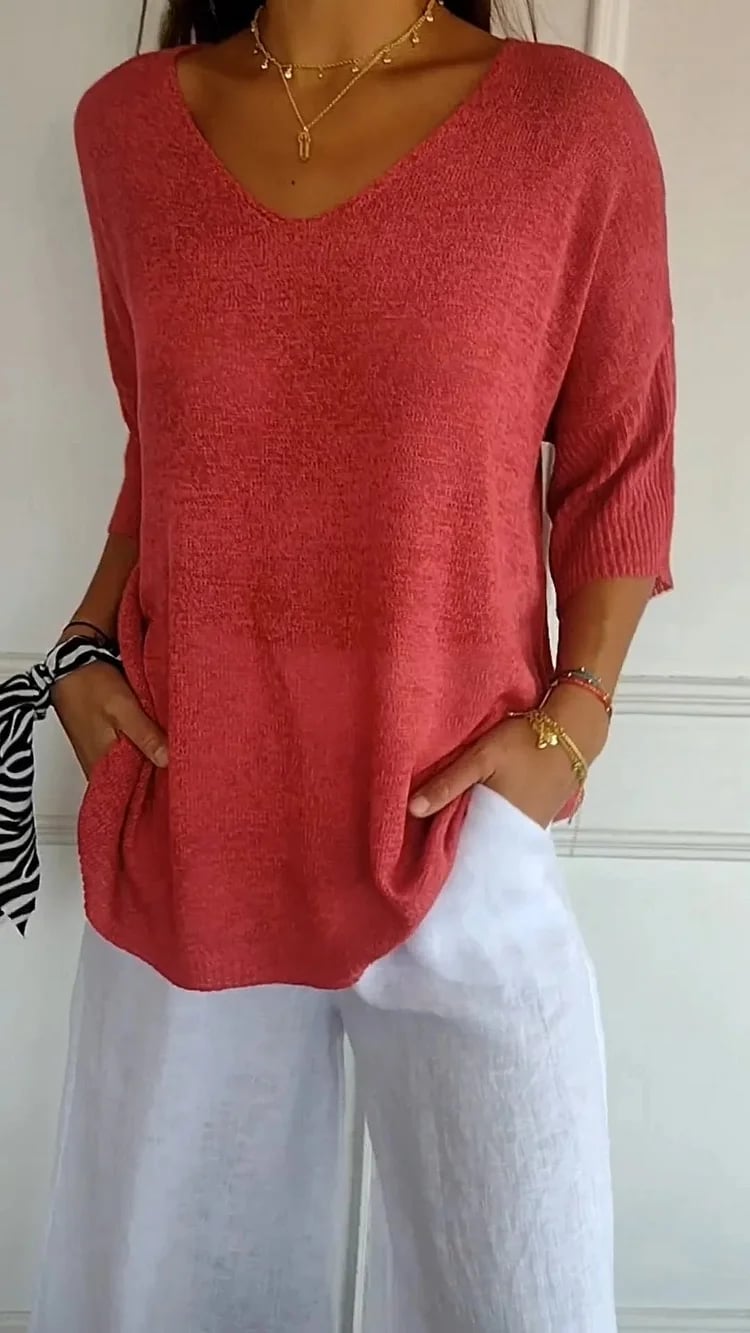 🔥LAST DAY 49%OFF🔥 - Solid Color Knitted V-neck Top